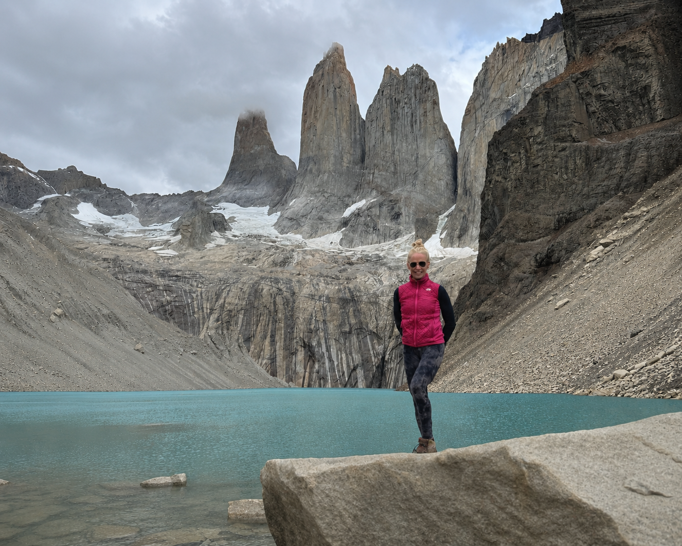Carol at the Torres del Paine lake in Patagonia